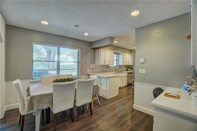 1013 Mary Lee Ln, Edmond, OK 73034 - dining room featuring a textured ceiling, dark wood finished floors, recessed lighting, and wainscoting