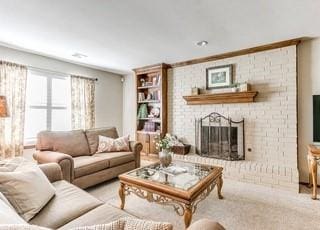 801 Belle Air Ave, Edmond, OK 73013 - carpeted living room featuring a fireplace