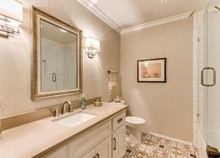 801 Belle Air Ave, Edmond, OK 73013 - full bath with crown molding, vanity, and a shower with door