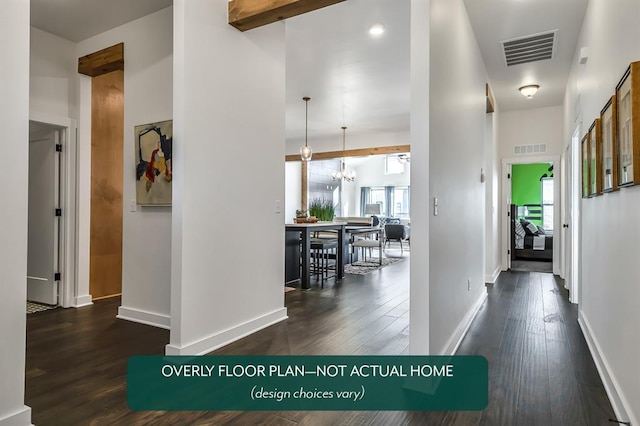 1420 SW 160th St, Moore, OK 73170 - hallway with dark wood-style flooring and a chandelier
