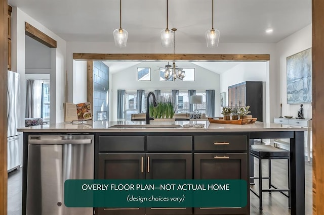 1420 SW 160th St, Moore, OK 73170 - kitchen featuring stainless steel dishwasher, lofted ceiling, open floor plan, pendant lighting, and a breakfast bar