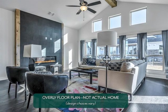 1420 SW 160th St, Moore, OK 73170 - living room featuring wood finished floors, a ceiling fan, high vaulted ceiling, and beam ceiling