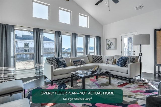1420 SW 160th St, Moore, OK 73170 - living room featuring dark wood-style floors, a ceiling fan, and high vaulted ceiling