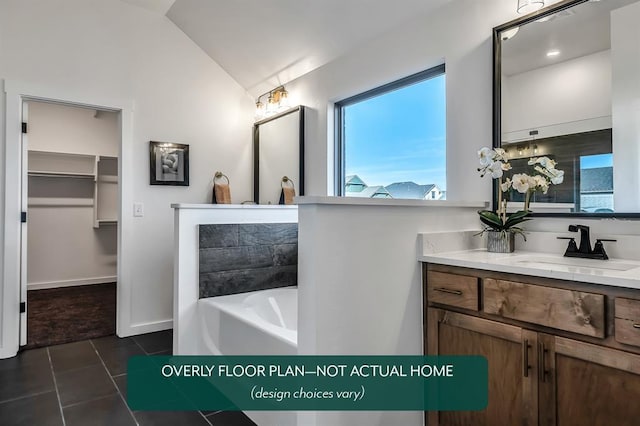 1420 SW 160th St, Moore, OK 73170 - full bathroom featuring lofted ceiling, a bath, healthy amount of natural light, vanity, and tile patterned flooring