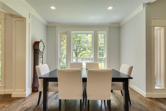1300 Oak Springs Ln, Edmond, OK 73034 - dining space with wood finished floors, crown molding, and recessed lighting