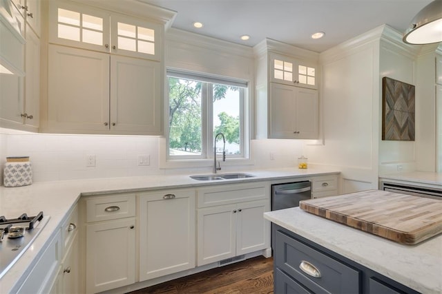 1300 Oak Springs Ln, Edmond, OK 73034 - kitchen featuring backsplash, white cabinets, stainless steel appliances, dark wood-type flooring, and glass insert cabinets