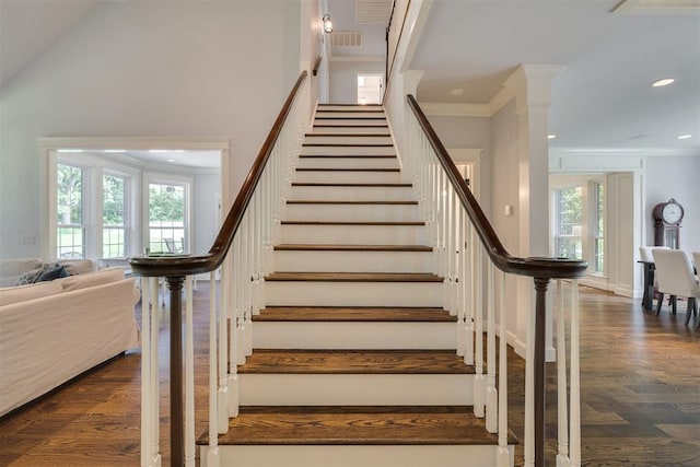 1300 Oak Springs Ln, Edmond, OK 73034 - stairway with ornamental molding, wood finished floors, and recessed lighting
