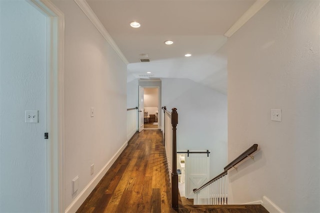 1300 Oak Springs Ln, Edmond, OK 73034 - hall with recessed lighting, dark wood-style floors, crown molding, an upstairs landing, and a barn door