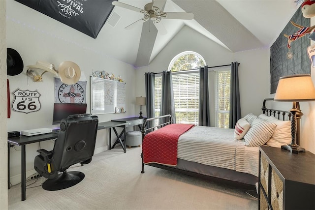 1300 Oak Springs Ln, Edmond, OK 73034 - carpeted bedroom with an office area, vaulted ceiling, and ceiling fan