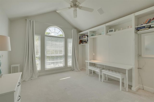 1300 Oak Springs Ln, Edmond, OK 73034 - mudroom with light colored carpet, a ceiling fan, and vaulted ceiling