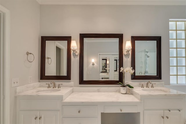 1300 Oak Springs Ln, Edmond, OK 73034 - full bath featuring vanity, crown molding, and a shower