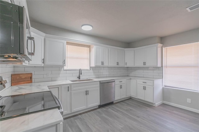 kitchen featuring appliances with stainless steel finishes, light wood finished floors, tasteful backsplash, and white cabinets
