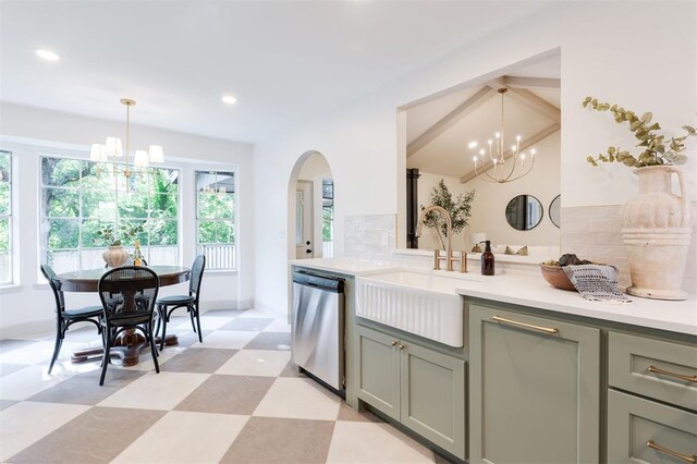 1112 Mary Lee Ln, Edmond, OK 73034 - kitchen featuring dishwasher, a chandelier, gray cabinets, light countertops, and recessed lighting