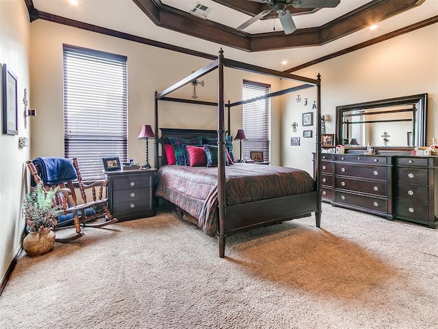 3705 Dalston Cir, Norman, OK 73072 - carpeted bedroom featuring crown molding and ceiling fan