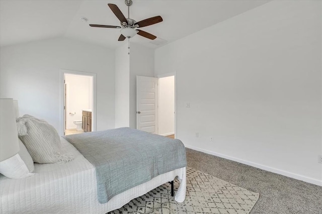 1108 Blackjack Creek Dr, Yukon, OK 73099 - carpeted bedroom featuring vaulted ceiling, ceiling fan, and ensuite bathroom