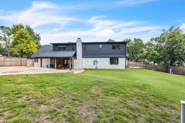 1205 Shalamar Rd, Edmond, OK 73013 - back of property with stone siding, a patio, a chimney, and a fenced backyard