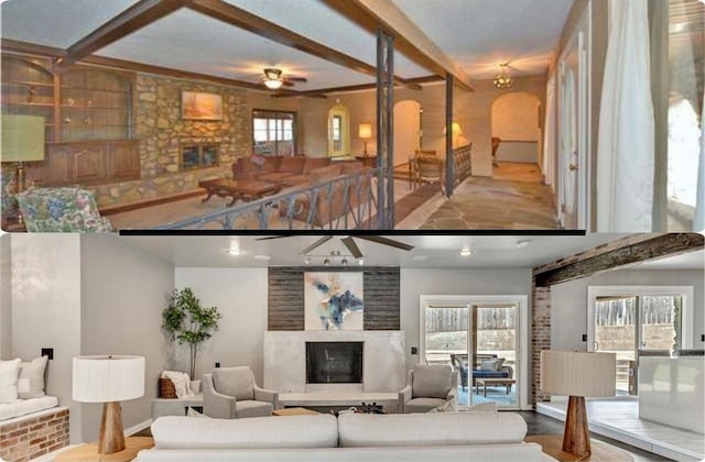 1205 Shalamar Rd, Edmond, OK 73013 - living room featuring a fireplace, a ceiling fan, and arched walkways
