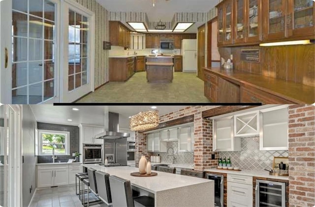 1205 Shalamar Rd, Edmond, OK 73013 - kitchen featuring wine cooler, wall chimney exhaust hood, stainless steel appliances, and a spacious island