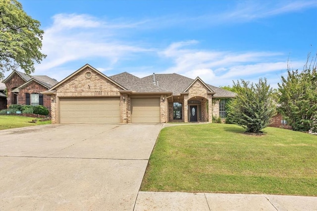 732 Tuscany Way, Edmond, OK 73034 - view of front facade with brick siding, an attached garage, concrete driveway, a front yard, and a shingled roof