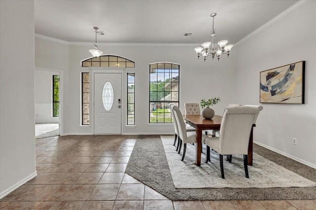 732 Tuscany Way, Edmond, OK 73034 - tiled dining area with crown molding and a chandelier