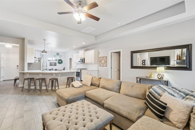 609 NW 180th St, Edmond, OK 73012 - living room featuring recessed lighting and ceiling fan
