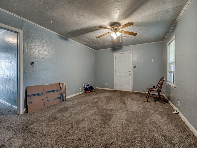 109 E Northrup Dr, Oklahoma City, OK 73110 - unfurnished room featuring ceiling fan, carpet flooring, crown molding, a textured ceiling, and a textured wall