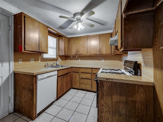 109 E Northrup Dr, Oklahoma City, OK 73110 - kitchen featuring white dishwasher, extractor fan, light countertops, brown cabinetry, and ceiling fan