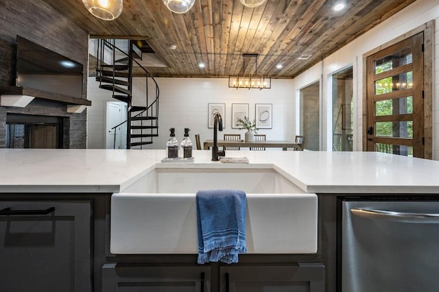 316 Triton Trl, Broken Bow, OK 74728 - kitchen with stainless steel dishwasher, wood ceiling, recessed lighting, a fireplace, and light countertops