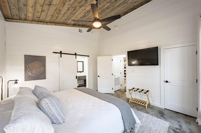 316 Triton Trl, Broken Bow, OK 74728 - bedroom featuring concrete flooring, a barn door, wooden ceiling, wooden walls, and ceiling fan