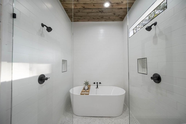 316 Triton Trl, Broken Bow, OK 74728 - bathroom featuring a freestanding tub, tiled shower, and wood ceiling