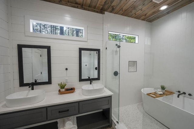 316 Triton Trl, Broken Bow, OK 74728 - bathroom featuring a freestanding bath, double vanity, wooden ceiling, and tiled shower