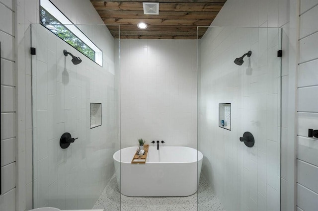 316 Triton Trl, Broken Bow, OK 74728 - full bath with speckle patterned floor, a freestanding bath, tiled shower, and wooden ceiling