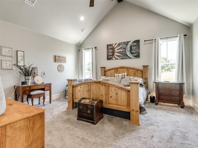22795 Cterling Dr, Kingfisher, OK 73750 - bedroom featuring light carpet, high vaulted ceiling, and ceiling fan