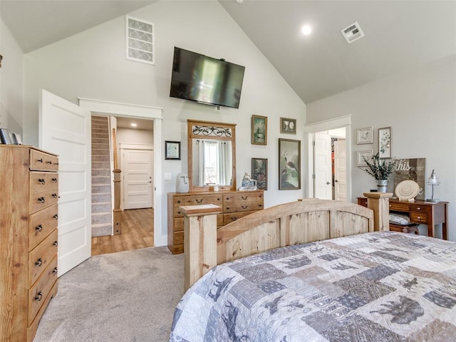 22795 Cterling Dr, Kingfisher, OK 73750 - carpeted bedroom featuring high vaulted ceiling and recessed lighting