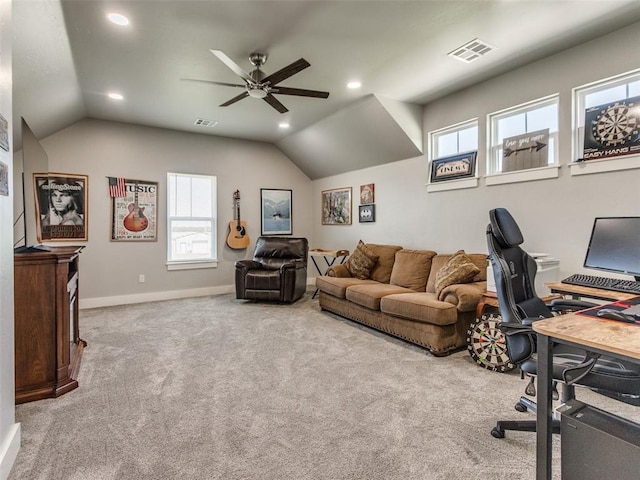 22795 Cterling Dr, Kingfisher, OK 73750 - office area featuring a ceiling fan, plenty of natural light, carpet floors, lofted ceiling, and recessed lighting
