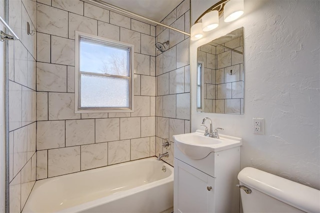 3208 NW 47th St, Oklahoma City, OK 73112 - full bathroom featuring vanity, shower / washtub combination, and a textured wall
