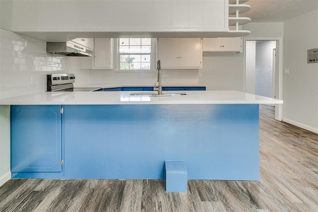 5309 S Blackwelder Ave, Oklahoma City, OK 73119 - kitchen featuring stainless steel electric range oven, wall chimney range hood, wood finished floors, and blue cabinetry