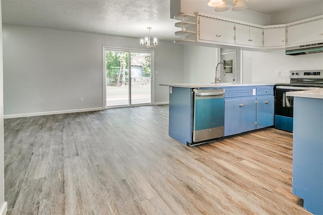 5309 S Blackwelder Ave, Oklahoma City, OK 73119 - kitchen featuring stainless steel dishwasher, electric range oven, range hood, blue cabinets, and a chandelier