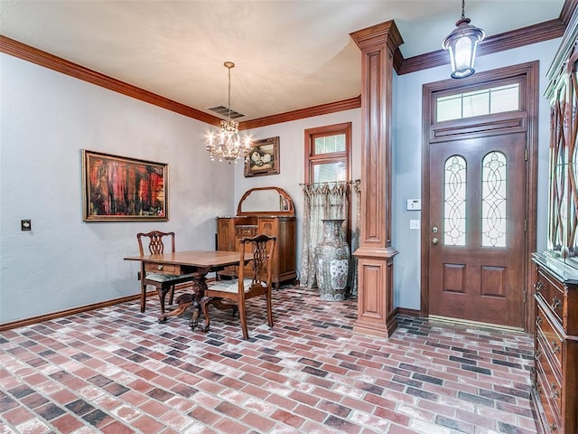 4304 Riders Mark, Edmond, OK 73025 - dining space featuring brick flooring, a chandelier, crown molding, and ornate columns