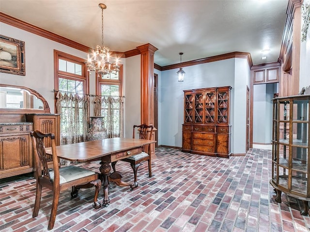 4304 Riders Mark, Edmond, OK 73025 - dining room featuring a chandelier, brick flooring, and ornamental molding