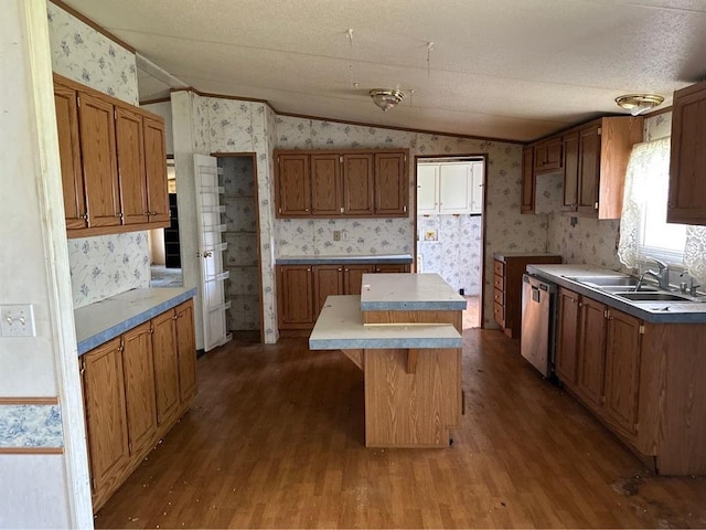 1194 County Street 2955 St, Tuttle, OK 73089 - kitchen with wallpapered walls, stainless steel dishwasher, lofted ceiling, a kitchen island, and dark wood-type flooring
