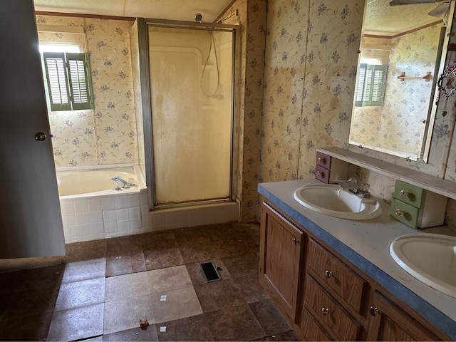 1194 County Street 2955 St, Tuttle, OK 73089 - full bathroom featuring a stall shower, wallpapered walls, a garden tub, and double vanity