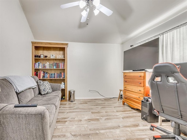 517 Firefork Ave, Yukon, OK 73099 - office featuring a ceiling fan, wood finished floors, and vaulted ceiling