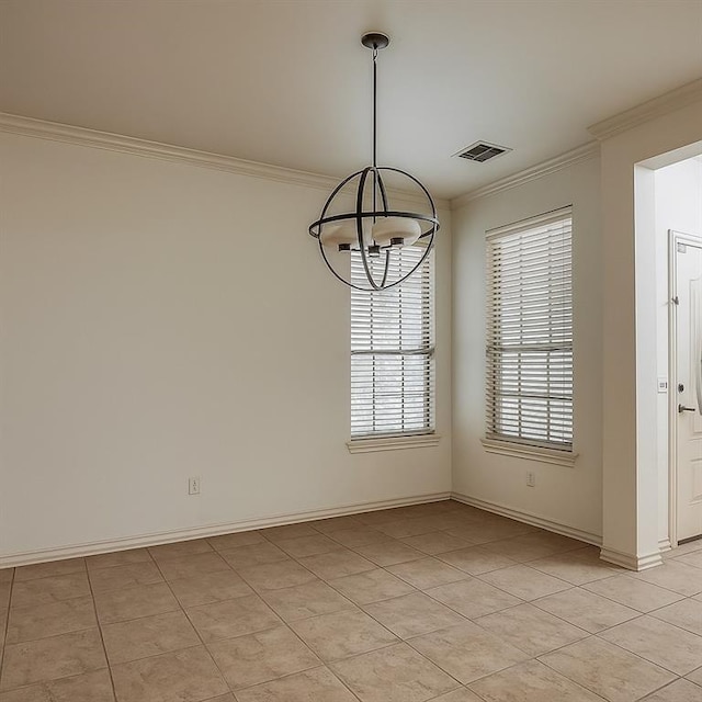 2909 Marigold Ln, Edmond, OK 73013 - spare room featuring crown molding, a chandelier, and light tile patterned floors