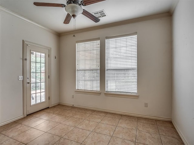 2909 Marigold Ln, Edmond, OK 73013 - empty room featuring a ceiling fan, light tile patterned flooring, and crown molding