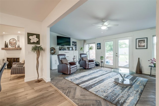 15700 N Western Ave, Edmond, OK 73013 - living room with french doors, ceiling fan, and vaulted ceiling