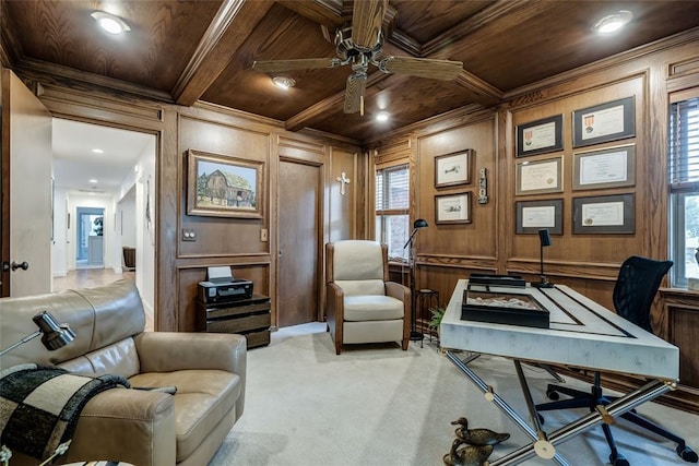 15700 N Western Ave, Edmond, OK 73013 - office featuring a wood ceiling with exposed beams, a ceiling fan, light colored carpet, crown molding, and plenty of natural light