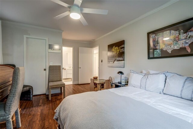 15700 N Western Ave, Edmond, OK 73013 - bedroom featuring crown molding, wood finished floors, ensuite bath, and a ceiling fan