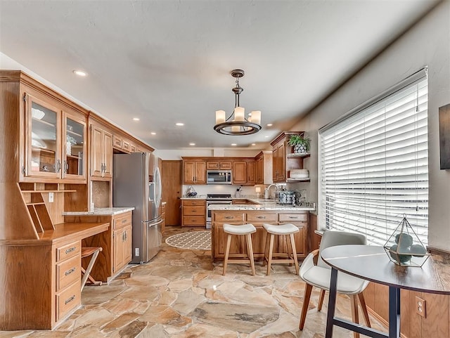 3100 N Eagle Ln, Bethany, OK 73008 - kitchen with stainless steel appliances, open shelves, a peninsula, a chandelier, and light stone finish flooring