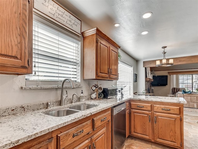3100 N Eagle Ln, Bethany, OK 73008 - kitchen with stainless steel dishwasher, a peninsula, brown cabinets, light stone countertops, and recessed lighting